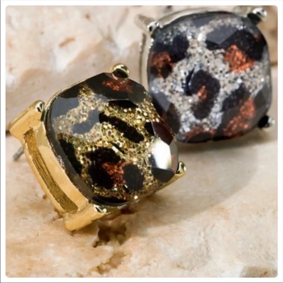 Leopard Print Stud Earrings | Gold & Silver Glitter Animal Print Jewelry - Picture 2 of 6